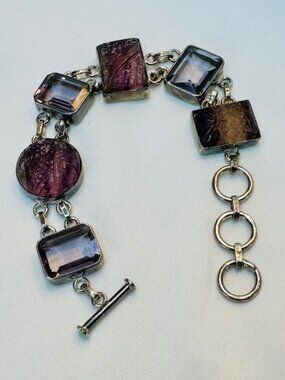 Sterling Silver Carved Fluorite Link Bracelet ~ 8.5" Long